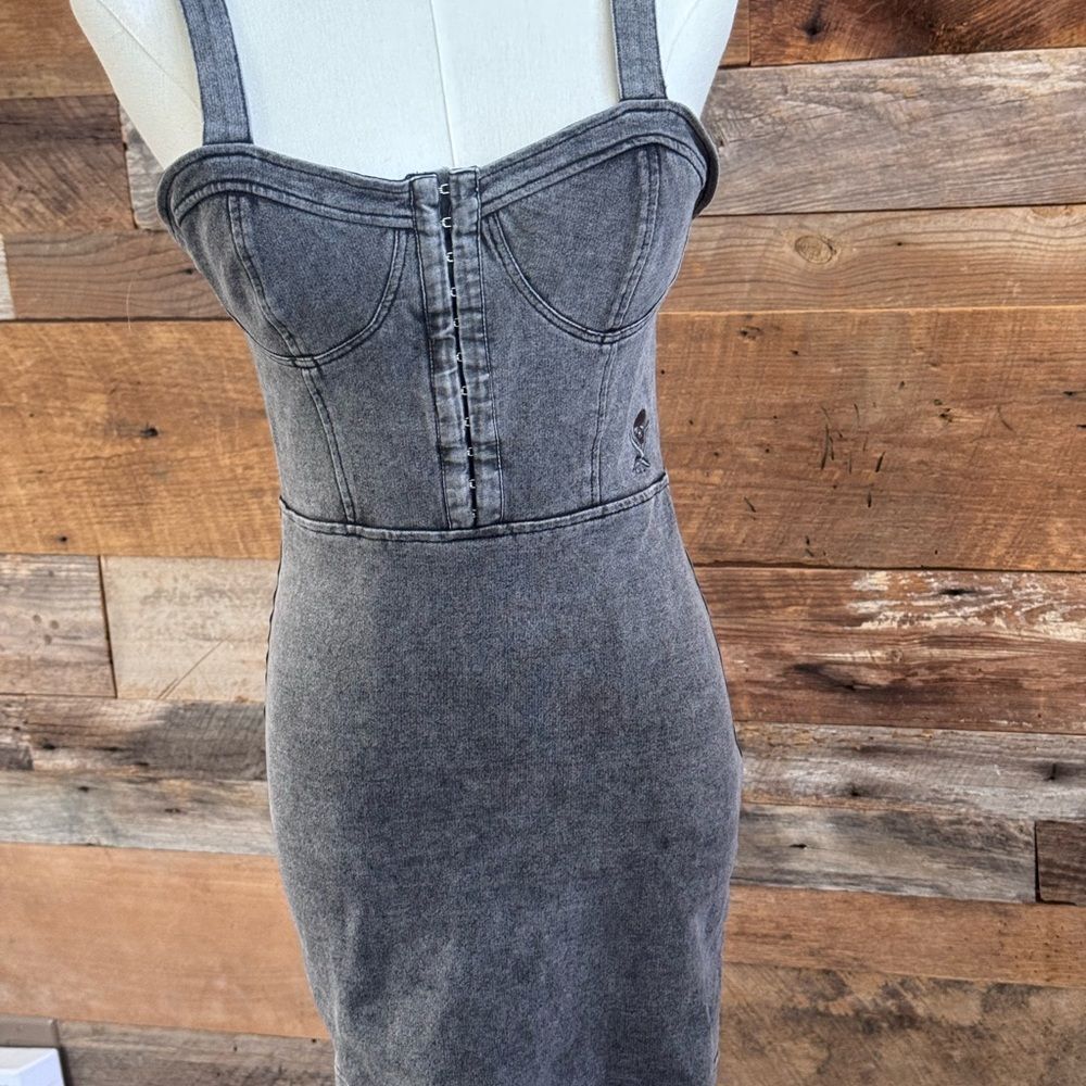 Sullen Angels Gray Acid Wash Denim Bustier Hook & Eye Bodycon Mini Destiny Dress